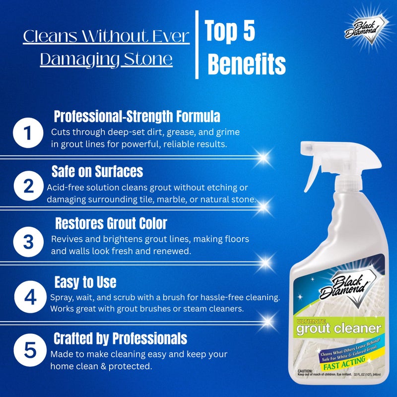Black Diamond Stoneworks Black Diamond Ultimate Grout Cleaner: Best Cleaner for Tile,Ceramic,Porcelain, Marble Acid-Free Safe Deep Cleaner & Stain Remover for Even The Dirtiest Grout. (1-Quart/1-Brush) - Image 2